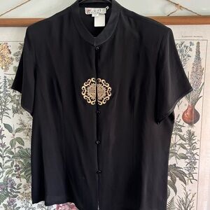 Silk Black Asian Short Sleeve Shirt with Gold Embroidery Medium